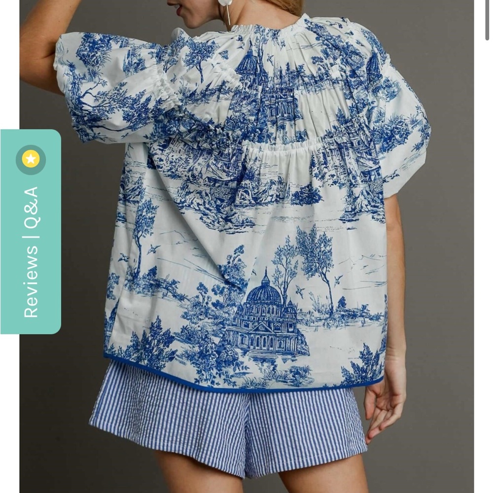 Umgee Toile Print Pullover Top with Puff Sleeves and Shirring Details - EUC - Picture 3 of 8